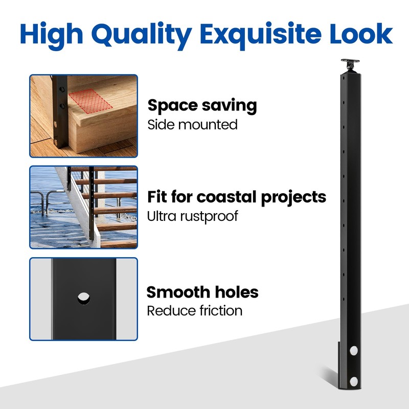 Muzata Aluminum Black Side Mount Stair Cable Railing Post 36