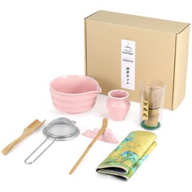 Matcha Whisk Set 8 PCS - DIY Matcha Set with Bamboo Whisk, Matcha Scoop,Easy-Clean Ceramic Matcha Set, Unique Pink Matcha Bowl with Spout, Gift for Matcha Lover and Beginners