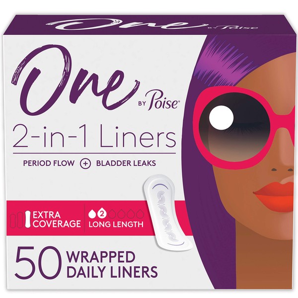 Poise Panty Liners (2-in-1 Period & Bladder Leakage Daily Liner), Long, Extra Coverage for Period Flow, Very Light Absorbency for Bladder Leaks, 50 Count