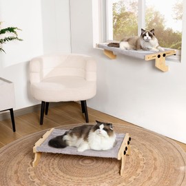 Cat Window Perch- Cats Windows Bed for Indoor- Cat Windowsill Hammock with Cushion- No Suction Cups 2 in 1 Kitty Perch&Beds- Large Kittens Wood Hammock Hanging(24.5 * 15in)- Kitty Shelf Seat