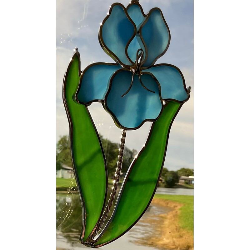 Blue Iris Stained Glass Suncatcher (Stand Sold Separately)