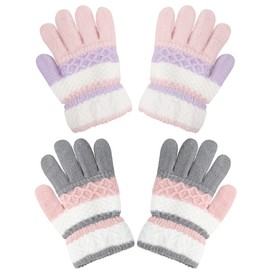 Becellen 2 Pairs of Winter Gloves for Boys Girls, Full Finger Warm Knitted Gloves Thermo Colorful Striped Gloves for Children 4-10 Years Old