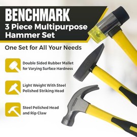 Benchmark - 3 Piece Hammer Set; 16 OZ. Claw Hammer, Tack Hammer; Rubber Mallet (Double SIded); Shock Absorbing Rubber Grips, Durable Fiberglass Handles And Polished Steel Heads
