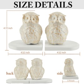 Book Ends Decorative, Owl Bookends White Bird Bookends for Shelves, Kids Rooms, Non-Skid Bookend, Heavy Duty Resin Book Stopper for Books, Decorative Holder, 9.05*3.7*4.72'' White with Gold