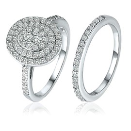 925 Sterling Silver Brilliant Round-Cut CZ Cubic Zirconia Cluster Anniversary Wedding Band Engagement Ring Bridal Set, Sizes 5 to 10 (Silver, 8)