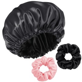 KCOQINA 1 x Sleeping Cap + 2 Hair Bands, Satin Bonnet Night Sleep Hat, Adjustable Sleeping Cap, Headgear, Soft Headband, Sleep Cap, Silk with Elastic Band for Women and Girls, Ferrous