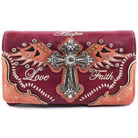 Justin West Women's Concealed Carry Angel Wings Cross Faith Hope Love Western Handbag Tote Purse (Coral Red Wallet Only)