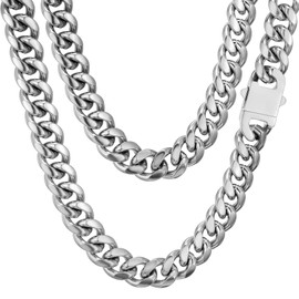 SKQIR Miami Cuban Link Chain for Men Women Thick 14mm Width Sturdy 22" Silver Chunky Chain Necklace Stainless Steel Cuban Link Secure Box Clasp Curb Chain Cool Hip Hop Jewelry Gifts for Men Women