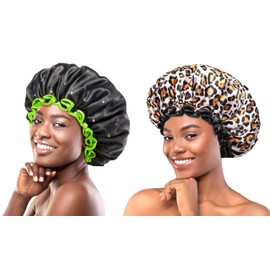 mikimini Extra Large Black Shower Caps Pack of 2 + Leopard Stylish Shower Caps