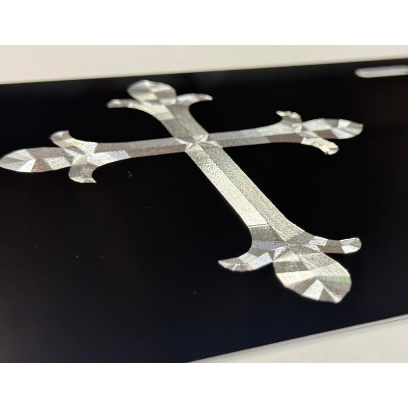 Silver Engraved 3D Christian Cross Car Tag Diamond Etched Vanity