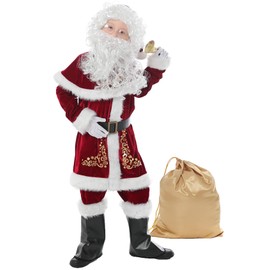 Halfjuly Santa Costume for Kids 12pcs Set Christmas Party Santa Claus Suit for Boys Red Deluxe Velvet Child Cosplay L