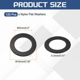 sourcing map 120Pcs M5 Nylon Flat Washers Plain Washer 10mm ID 10mm OD 0.3mm Thick Plastic Spacers for Screws Bolts Garden Faucet Plumbing Repair, Black