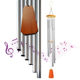 Hanway Beautiful Wind Chimes with Deep Tone for Outside - 6 Durable Anodized Aluminum Tubes, Real Wood Top & Windsail, Convenient Hanging Hook. for Indoor, Memorial, Sympathy,(Silver, 56 inche)