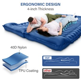 Double Sleeping Pad for Camping- Self Inflating 4" Extra-Thick with Pillow Built-in Foot Pump Inflatable Sleeping Mat for Backpacking, Hiking, Traveling, Tent, Portable Camping Mat