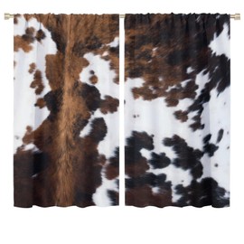 LOMADIA Cow Print Blackout Curtain,Brown White Cowhide Animal Fur Western Rustic Farmhouse Style Window Treatments Rod Pocket Curtain for Bedroom Living Room Kitchen Decor Drapes 72x63in