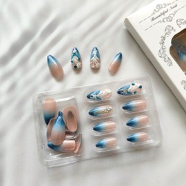 24Pcs Blue Glitter Press on Nails Medium Almond Fake Nails Blue Ombre False Nails with Rhinestone Designs Acrylic Nails French Tip Glue on Nails Glossy Stick on Nails for Women Girls