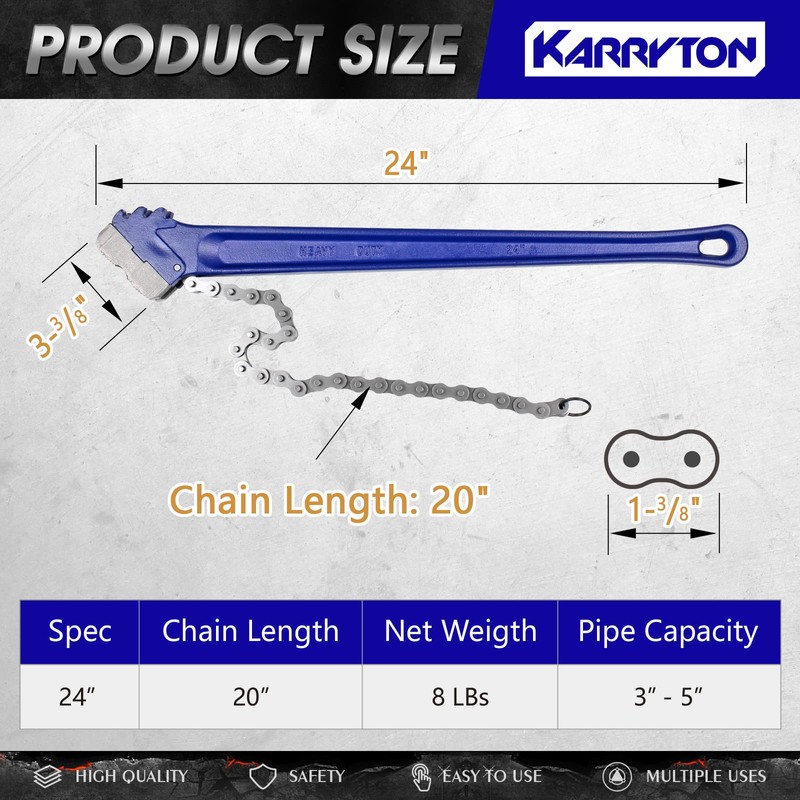 KARRYTON 24" Chain Pipe Wrench 3" - 5" Pipe Diameters,