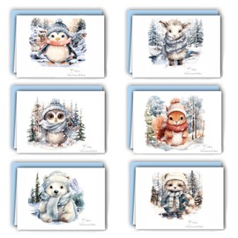 12 Christmas Cards Folding Cards with Envelopes, A6 Postcard Set, Watercolour Forest Animals Series, with Christmas Greetings, Christmas Card for Family Friends (German)