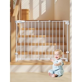 29.5-43" No Bottom Bar Baby Gate for Stairs, Auto Close Dog Gate Indoor, Hardware Mounted, Child Safety Gate for Kids with Large Walk Thru Door, Pet Gate for Doorways adn Stairs - White