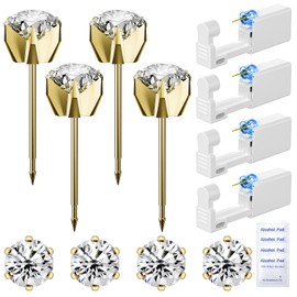 Nunpag 12 Pcs Ear Piercing Kit Disposable Ear Piercing Gun Kit with 4 Pcs 6 Prong Setting Cubic Zirconia Earrings Stud 316L Stainless Steel Easy to Use at Home Self Ear Piercer Gun Kit Tool, Gold