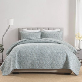 CozyQQ Dusty Blue Floral Quilt - 100% Organic Cotton Queen Size Quilt Set, Lightweight Modern Quilted Bedspread for Queen Bed, Elegant All Season 3-Piece Spring Summer Comforter Bedding Set, 98"x90"