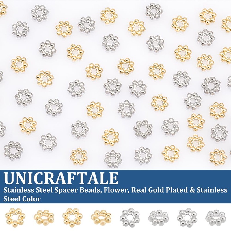 UNICRAFTALE 60Pcs 2 Colors 304 Stainless Steel Flower Spacer Beads