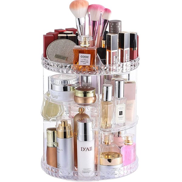 Cq acrylic 360 Degree Rotating Makeup Organizer for Bathroom,4 Tier Adjustable Spinning Cosmetic Storage Cases and Make Up Holder Display Cases,Clear