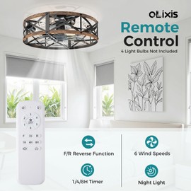 OLIXIS Ceiling Fans with Remote, Farmhouse Ceiling Fan, 19 Inch Low Profile Caged Fandelier, Flush Mount with 6 Wind Speeds, for Bedroom, Kitchen, Living Room, Bulbs Not Included, Gold