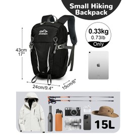 Outplea 15L Small Hiking Backpack for Men Women, Waterproof Sports Backpack Rucking Rucksack, Breathable Walking Backpacks, Lightweight Travel Backpacks for Outdoor, Black