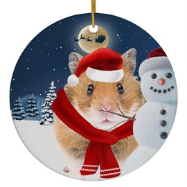 Festive Winter Night Pet and Snowman Ornament - Syrian Hamster Christmas Ornament Circle Ceramic - Funny Holiday Xmas Tree Decoration Gifts for Hamster Lovers