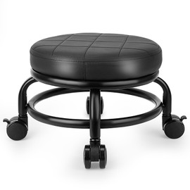 LWADALN Low Roller Stool Low Height Rolling Stool Seat PU Leather Small Chair Foot Stool Round Rolling Stools for Home Office Garage Shop (Black)