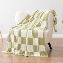 PAVILIA Checkered Throw Blanket for Couch, Fluffy Cozy Lightweight Sage Green Blanket, Large Fuzzy Warm Knit Blanket for Bed Sofa, 50x60