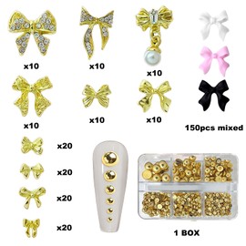 Gehaiwo 290PCS Gold Bow Nail Charms 1Box Gold Nail Pearls，Nail Art Rhinestones Gold Alloy Nail Accessories for Acrylic Nails，White Black Bow Nail Jewels for Nail Art Supplies DIY Nail Craft