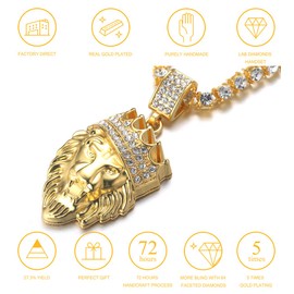 Halukakah ● Kings Landing ● Men's 18K Real Gold Plated / Platinum Plated Crown Lion Pendant Necklace Lab Diamonds with Free Tennis Chain/Cuban Chain, Metal, lab diamond