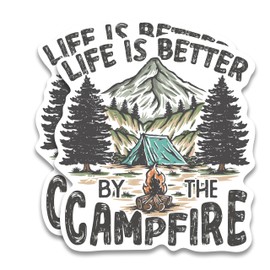 (2 Pack) Life is Better by The Campfire Bumper Sticker - Camping Hiker Adventurer Outdoorsman - 5 Inches On Longest Side - Premium Quality Vinyl - Made in USA - BMCS0285