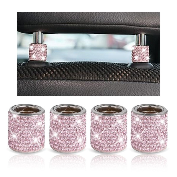 GLSOWEE Bling Car Headrest Collar, 4 PCS Car Head Rest Collars Rings Decoration, Bling Rhinestone Diamond Ice Interior Accessories for Car headrests, Crystal Charms for Car SUV Truck (Pink)