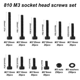 M3 Bolts and Nuts Set, 810 Pcs Hex Socket Cap Head Nuts and Bolts and Washers Assortment Kit, Hexagon Socket Head Cap Screws, Black Machine Screws for Bike Bicycle Motorcycle Repair