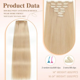 HotLulana Clip-In Real Hair Extensions, 7 Pieces, 60 cm, 120 g, Invisible Real Hair Extensions Clip, 24 Inches, Remy Clip-In Hair Extensions, Natural Real Hair Extensions, 18K#