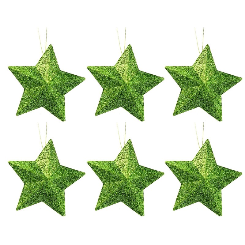 Pack of 6-8cm 3D Glitter Star Baubles Christmas Tree Decorations