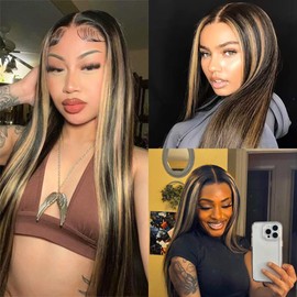 Dokksiiia Black and Honey Blonde Bundles Ombre P1B/27 Straight Human Hair Bundles Highlight Honey Blonde Ombre Weave Double Weft Brazilian Human Hair Extensions 12 14 16 Inch