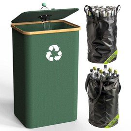 Pakusane Recycling Bin for Kitchen Indoor Home, Large 100L/ 26 Gallon Recycle Bin with Lid Removeable Reusable Inner Bag Bottle Can Glass Waste Plastice Stickers (Green, 26 Gallon)