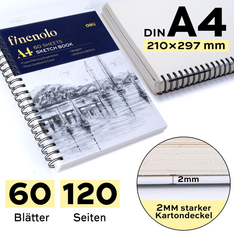 Premium A4 Hardback Sketchbook, 160 g/m² Thick Drawing Paper, 60