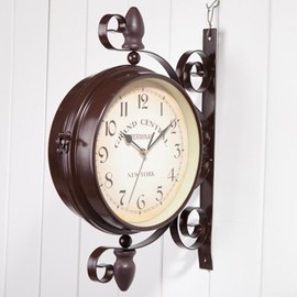 Antique Wrought Iron Wall Clock, Round Wall Hanging Double Sided Two Faces Retro Station Clock Round Chandelier Wall Hanging Clock For Wall Side Mount Home Décor Wall Clock