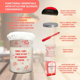 Sourdough Starter Jar Kit - 34 oz Sturdy Sourdough Starter Jar Glass w/ Lids - Fun Retro Design Sourdough Jar w/ Thermometer, Feeding Tracking Band, & More - Sourdough Bread Baking Supplies