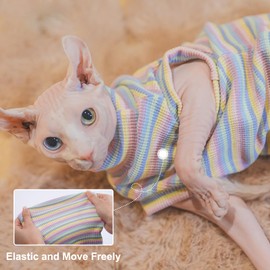 Sphynx Hairless Cat Shirt Rainbow Stripe Kitten T-Shirt With Sleeves, Turtleneck Stretchy Sweater, Pullover Pajamas Jumpsuit, Round Collar Vest for Sphynx, Devon, Cornish Cat Clothes