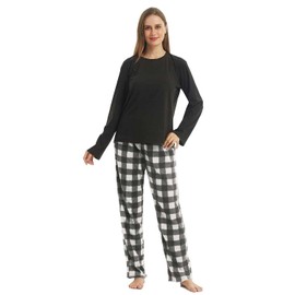 LANBAOSI Buffalo Plaid Pajamas Fleece Pajama Sets 2 Piece Long Sleeve Sleepwear Christmas Pajamas Women Ultra-Soft Pijamas, Gray Buffalo, Large