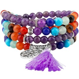 Shanxing 6mm Amethyst & Chakra Crystal 108 Prayer Beads Mala Wrap Bracelet for Men Women, Purple Worry Beads Healing Crystal Bracelet Jewellery Gift Buddha Reiki Meditation Stone Necklace