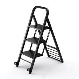 S AFSTAR 2-in-1 Folding Ladder & Hand Truck Combo, 3-Step Step Ladder with Wheels, Convertible Hand Cart with Wide Steps, 550 Max Load, Heavy-Duty Metal Dolly Cart Ladder for Home Office Garage