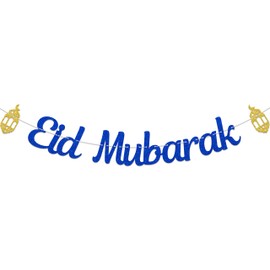 Eid Mubarak Banner, Umrah Mubarak Banner, Ramadan Mubarak Banner with Moon and Star, Eid Decorations for Home Supplies Blue Gold Glitter