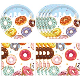Actoridae 40Pcs Donut Birthday Party Decorations - Colorful Donut Plates and Napkins 丨 Donut Themed Party Decorations for Boys, Girls, Kids One Two Sweet Birthday Decorations
